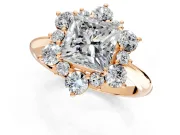 Small-Accent Cluster Halo Engagement Ring Setting for Princess Cut Center with Plain Band and Prong Head in Rose Gold
