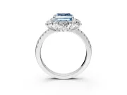 Floral Halo Engagement Ring Setting for Fancy Blue Asscher Cut Center with Pave Accents and Prong Head in Platinum