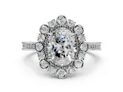 Milgrain Halo Engagement Ring Setting for Oval Center with Bezel Point Accents and Prong Head in Sterling Silver