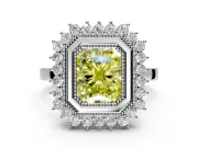 Halo Engagement Ring Setting for Fancy Yellow Radiant Cut Center with Milgrain Bezel Rim, Plain Band and Prong Head in Platinum