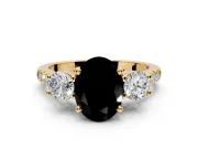3 Stone Engagement Ring Setting for Fancy Black Oval Center with Crossover Basket, Pave Band and Prong Head in Yellow Gold