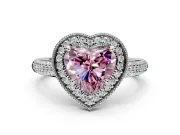 Milgrain Halo Engagement Ring Setting for Fancy Pink Heart-Shaped Center with Three-Sided Pave Band and Prong Head in White Gold