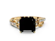 Leaf Motif Engagement Ring Setting for Fancy Black Asscher Cut Center with Pave Band and Prong Head in Yellow Gold