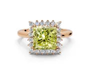 Starburst Halo Engagement Ring Setting for Fancy Yellow Princess Cut Center with Thin Round-Wire Band and Prong Head in Rose Gold
