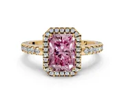 Accent Halo Engagement Ring Setting for Fancy Pink Radiant Cut Center with Full-Length Pave Band and Prong Head in Yellow Gold