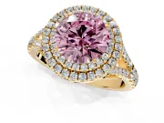 Double Halo Engagement Ring Setting for Fancy Pink Round Cut Center with Narrow Pave Split Shank and Prong Head in Yellow Gold