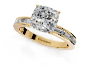 Solitaire Engagement Ring Setting for Cushion Cut Center with Channel Baguette Band and Prong Head in Yellow Gold