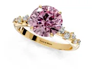 Cluster Engagement Ring Setting for Fancy Pink Round Cut Center with Round Cut Accent Band and Prong Head in Yellow Gold