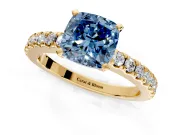 Solitaire Engagement Ring Setting for Fancy Blue Cushion Cut Center with Single Row Accent Band and Prong Head in Yellow Gold