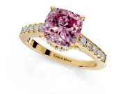 Solitaire Engagement Ring Setting for Fancy Pink Cushion Cut Center with Crossover Accents and Prong Head in Yellow Gold