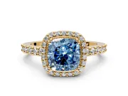 Halo Engagement Ring Setting for Fancy Blue Cushion Cut Center with Inner Milgrain Border and Prong Head in Yellow Gold