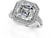 Halo Engagement Ring Setting for Asscher Cut Center with Outer Bezel Rim, Pave Band and Prong Head in Sterling Silver