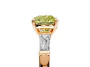 3 Stone Engagement Ring Setting for Fancy Yellow Cushion Cut Center with Tapered Baguettes, Plain Band and Prong Head in Rose Gold