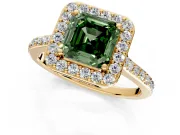 Halo Engagement Ring Setting for Fancy Green Asscher Cut Center with Pave Accents, Heart Basket and Prong Head in Yellow Gold