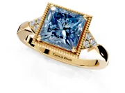 Cluster Engagement Ring Setting for Fancy Blue Princess Cut Center with Milgrain Shoulder Clusters and Prong Head in Yellow Gold