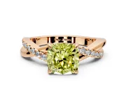 Crossover Engagement Ring Setting for Fancy Yellow Cushion Cut Center with Pave and Plain Strands and Prong Head in Rose Gold