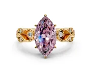 Leaf Engagement Ring Setting for Fancy Pink Marquise Center with Milgrain Accent Band and Prong Head in Yellow Gold
