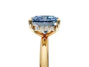 Hidden Halo Engagement Ring Setting for Fancy Blue Radiant Cut Center with Thin Rounded Band and Prong Head in Yellow Gold