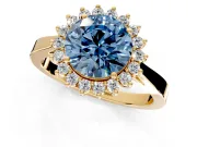 Starburst Halo Engagement Ring Setting for Fancy Blue Round Cut Center with Flat Cathedral Band and Prong Head in Yellow Gold