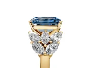 Leaf Cluster Engagement Ring Setting for Fancy Blue Emerald Cut Center with Marquise Accents and Prong Head in Yellow Gold
