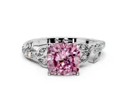 Leaf Motif Engagement Ring Setting for Fancy Pink Cushion Cut Center with Pave Band and Prong Head in Sterling Silver