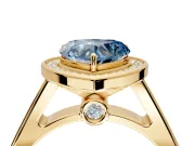 Halo Engagement Ring Setting for Fancy Blue Heart-Shaped Center with Outer Bezel Rim, Pave Band and Prong Head in Yellow Gold