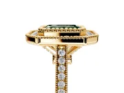 Halo Engagement Ring Setting for Fancy Green Emerald Cut Center with Milgrain Frame, Pave Band and Prong Head in Yellow Gold