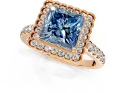Milgrain Floral Halo Engagement Ring Setting for Fancy Blue Princess Cut Center with Pave Band and Prong Head in Rose Gold