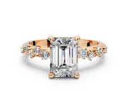 Solitaire Engagement Ring Setting for Emerald Cut Center with Trailing Leaf Accent Band and Prong Head in Rose Gold