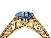 Solitaire Engagement Ring Setting for Fancy Blue Round Cut Center with Engraved Pave Band and Prong Head in Yellow Gold