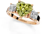 3 Stone Engagement Ring Setting for Fancy Yellow Heart-Shaped Center with Matching Side Accents and Prong Head in Rose Gold