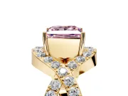 Halo Engagement Ring Setting for Fancy Pink Princess Cut Center with Pave Infinity Twist Band and Prong Head in Yellow Gold