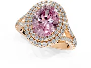 Double Halo Engagement Ring Setting for Fancy Pink Oval Center with Narrow Pave Split Shank and Prong Head in Rose Gold