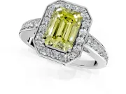 Bezel-Framed Halo Engagement Ring Setting for Fancy Yellow Emerald Cut Center with Pave Band and Prong Head in Platinum