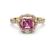 Halo Engagement Ring Setting for Fancy Pink Asscher Cut Center with Openwork Halo, Pave Band and Prong Head in Yellow Gold