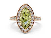 Bezel-Framed Halo Engagement Ring Setting for Fancy Yellow Marquise Center with Pave Band and Prong Head in Rose Gold