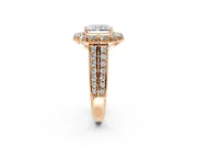 Large Accent Halo Engagement Ring Setting for Radiant Cut Center with Pave Split Shank and Prong Head in Rose Gold