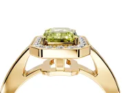 Bezel-Framed Halo Engagement Ring Setting for Fancy Yellow Emerald Cut Center with Pave Band and Prong Head in Yellow Gold