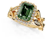 Halo Engagement Ring Setting for Fancy Green Emerald Cut Center with Leaf Motif Split Shank and Prong Head in Yellow Gold