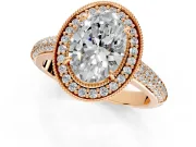 Milgrain Halo Engagement Ring Setting for Oval Center with Three-Sided Pave Band and Prong Head in Rose Gold