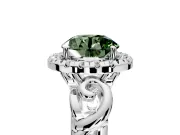 Halo Engagement Ring Setting for Fancy Green Round Cut Center with Open Scroll Shoulders and Prong Head in Platinum