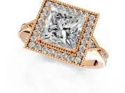 Halo Engagement Ring Setting for Princess Cut Center with Milgrain Rim, Pave Band and Prong Head in Rose Gold
