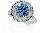 Milgrain Floral Halo Engagement Ring Setting for Fancy Blue Round Cut Center with Pave Band and Prong Head in Platinum
