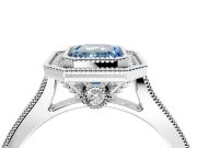 Halo Engagement Ring Setting for Fancy Blue Emerald Cut Center with Milgrain Pave Band and Bezel Head in Platinum