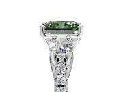 3 Stone Engagement Ring Setting for Fancy Green Radiant Cut Center with Crossover Basket, Pave Band and Prong Head in White Gold