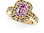 Milgrain Halo Engagement Ring Setting for Fancy Pink Emerald Cut Center with Pave Band and Prong Head in Yellow Gold