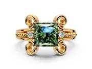 Solitaire Engagement Ring Setting for Fancy Green Princess Cut Center with Twisted Band and Scroll Prong Head in Yellow Gold