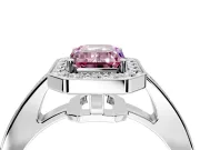 Bezel-Framed Halo Engagement Ring Setting for Fancy Pink Emerald Cut Center with Pave Band and Prong Head in Platinum