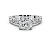Solitaire Engagement Ring Setting for Cushion Cut Center with Milgrain-Framed Pave Band and Prong Head in Sterling Silver