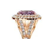 Double Halo Engagement Ring Setting for Fancy Pink Emerald Cut Center with Narrow Pave Split Shank and Prong Head in Rose Gold